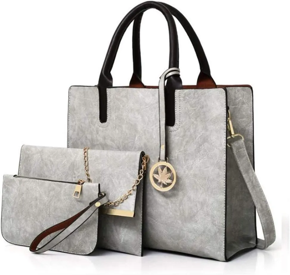 Women PU Leather Tote Hobo Shoulder Crossbody Bags 3pcs Satchel Clutches with Maple Leaf Tag