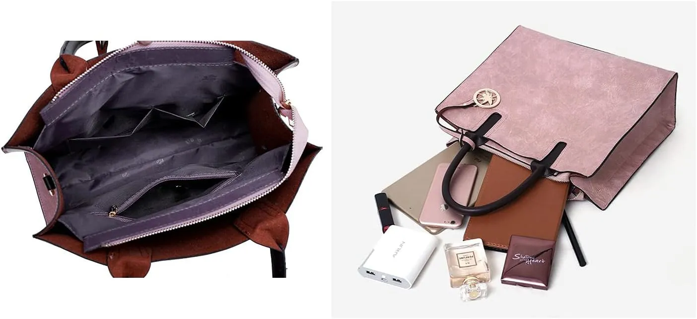 Women PU Leather Tote Hobo Shoulder Crossbody Bags 3pcs Satchel Clutches with Maple Leaf Tag