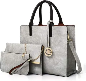 Women PU Leather Tote Hobo Shoulder Crossbody Bags 3pcs Satchel Clutches with Maple Leaf Tag