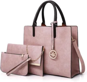 Women PU Leather Tote Hobo Shoulder Crossbody Bags 3pcs Satchel Clutches with Maple Leaf Tag