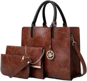 Women PU Leather Tote Hobo Shoulder Crossbody Bags 3pcs Satchel Clutches with Maple Leaf Tag