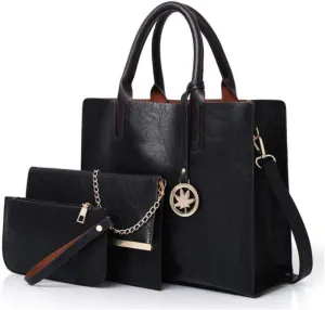 Women PU Leather Tote Hobo Shoulder Crossbody Bags 3pcs Satchel Clutches with Maple Leaf Tag