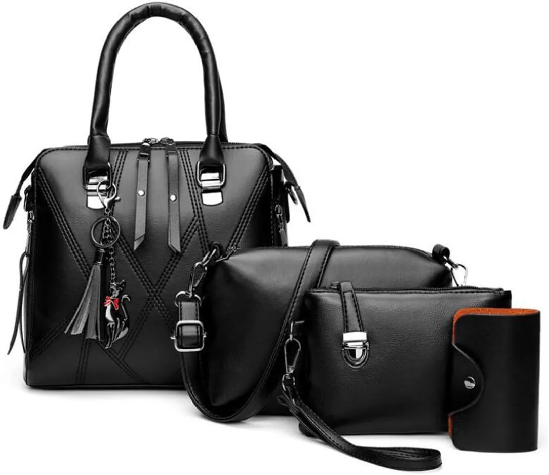 Women PU Leather Tote Hobo Shoulder Crossbody Bags 4pcs Satchel Clutches with Metal Tassel Pendant