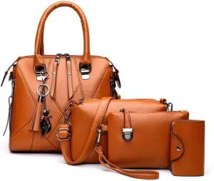 Women PU Leather Tote Hobo Shoulder Crossbody Bags 4pcs Satchel Clutches with Metal Tassel Pendant