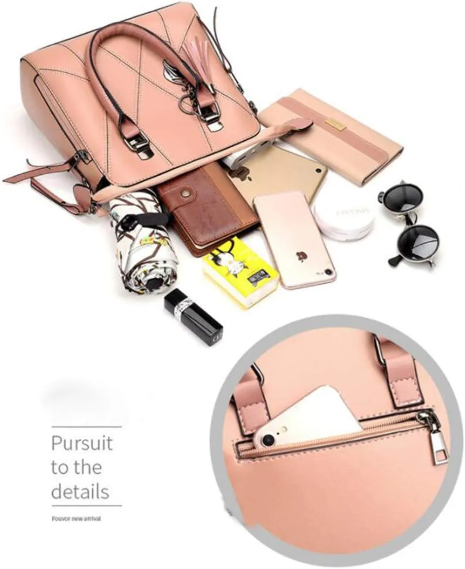 Women PU Leather Tote Hobo Shoulder Crossbody Bags 4pcs Satchel Clutches with Metal Tassel Pendant