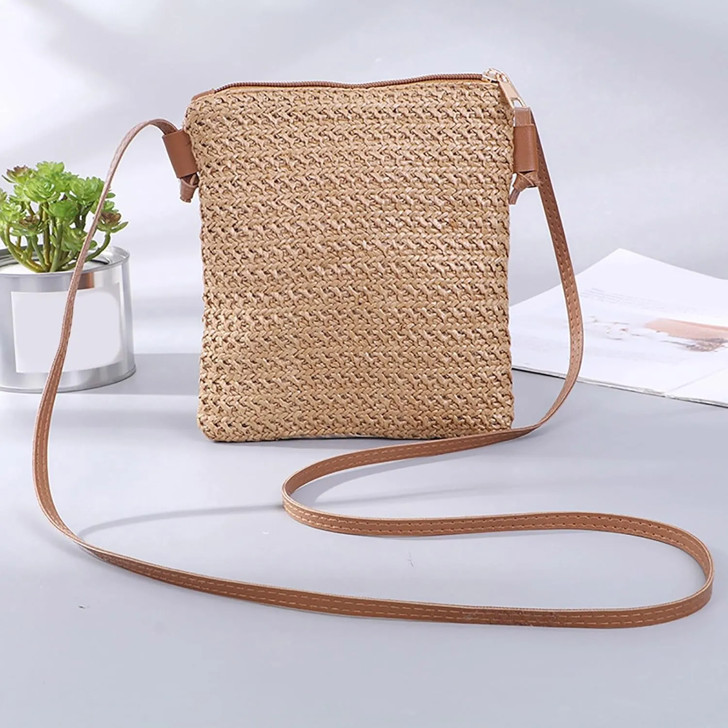 Women Straw Shoulder Bags Hand Woven Crossbody Beach Small Bag Shoulder Briefcase for Men Briefcase Purse (C, One Size)