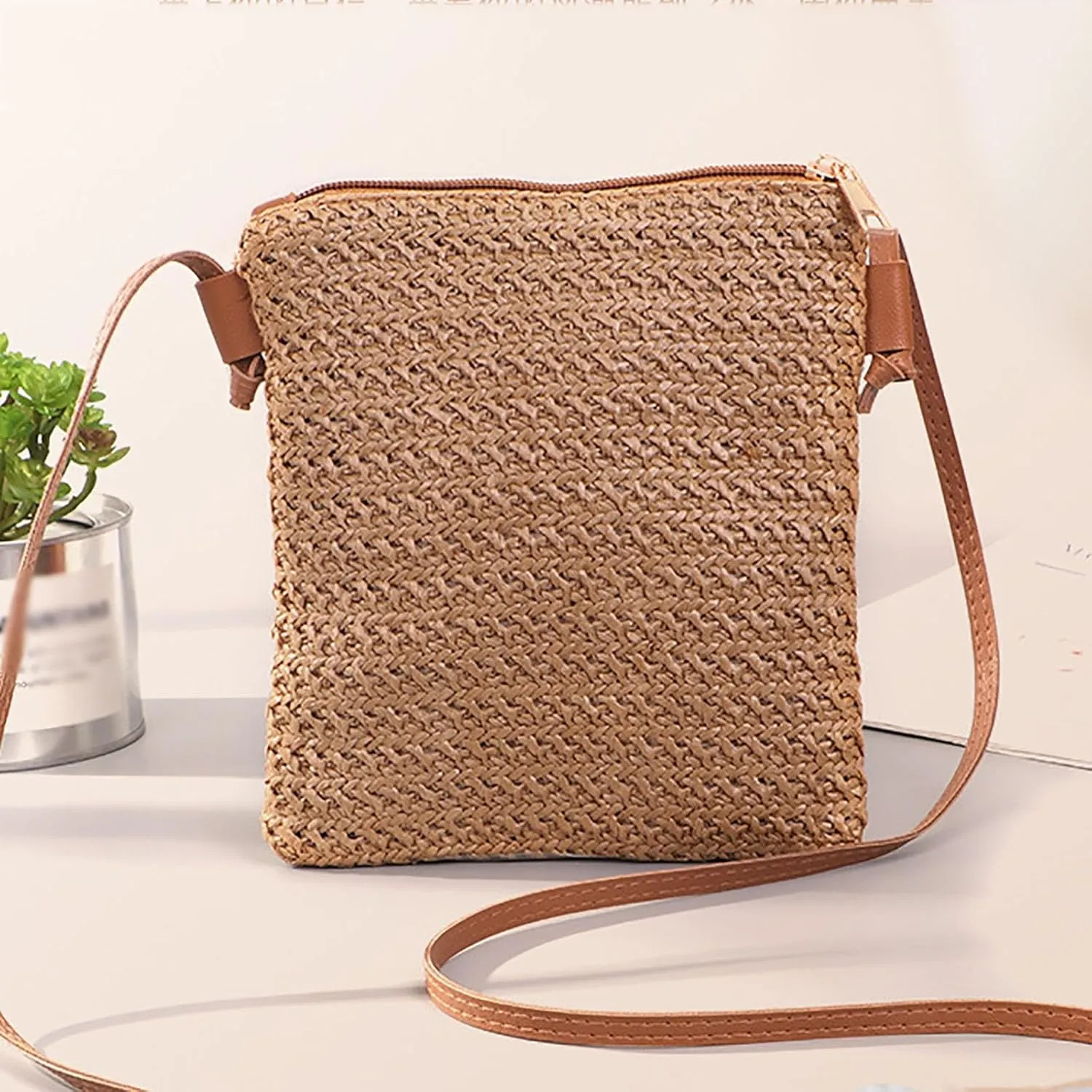 Women Straw Shoulder Bags Hand Woven Crossbody Beach Small Bag Shoulder Briefcase for Men Briefcase Purse (C, One Size)
