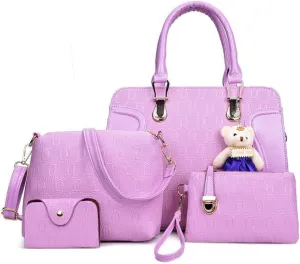 Women Tote Hobo PU Leather Clutches Shoulder Crossbody Bags Satchel Wallets Set 4pcs With Bear Ornament