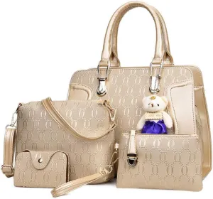 Women Tote Hobo PU Leather Clutches Shoulder Crossbody Bags Satchel Wallets Set 4pcs With Bear Ornament