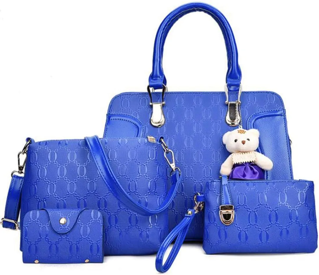 Women Tote Hobo PU Leather Clutches Shoulder Crossbody Bags Satchel Wallets Set 4pcs With Bear Ornament
