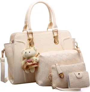 Women Tote Hobo PU Leather Clutches Shoulder Crossbody Bags Satchel Wallets Set 4pcs With Bear Ornament