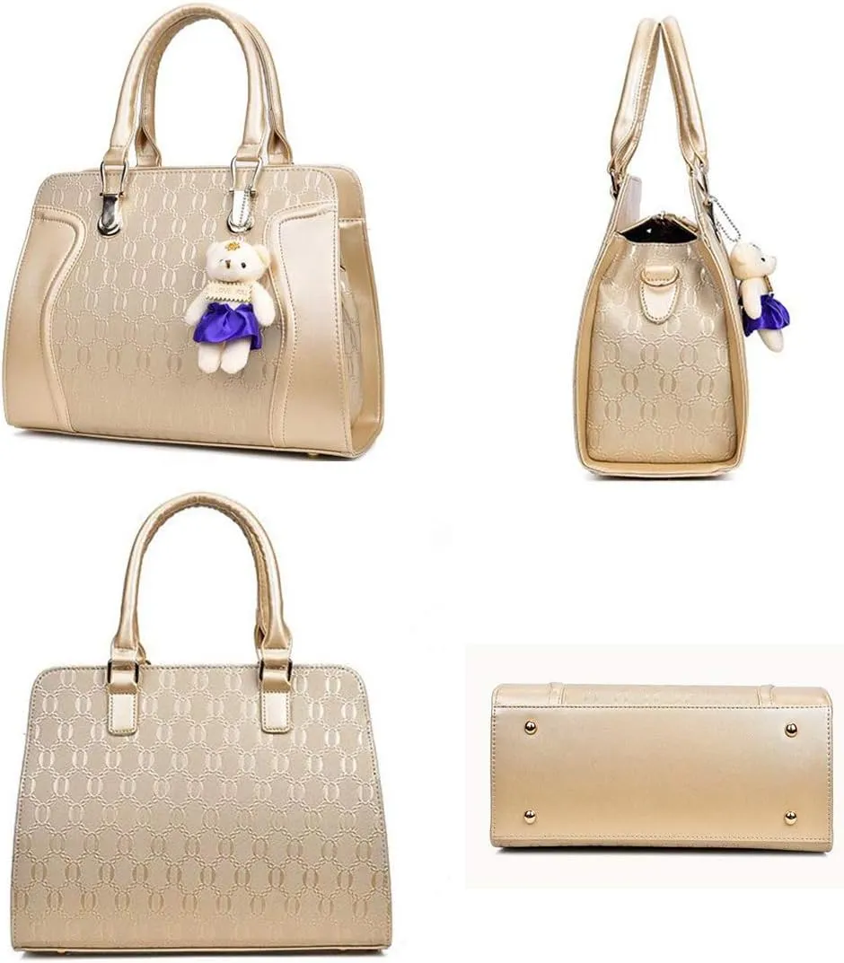 Women Tote Hobo PU Leather Clutches Shoulder Crossbody Bags Satchel Wallets Set 4pcs With Bear Ornament