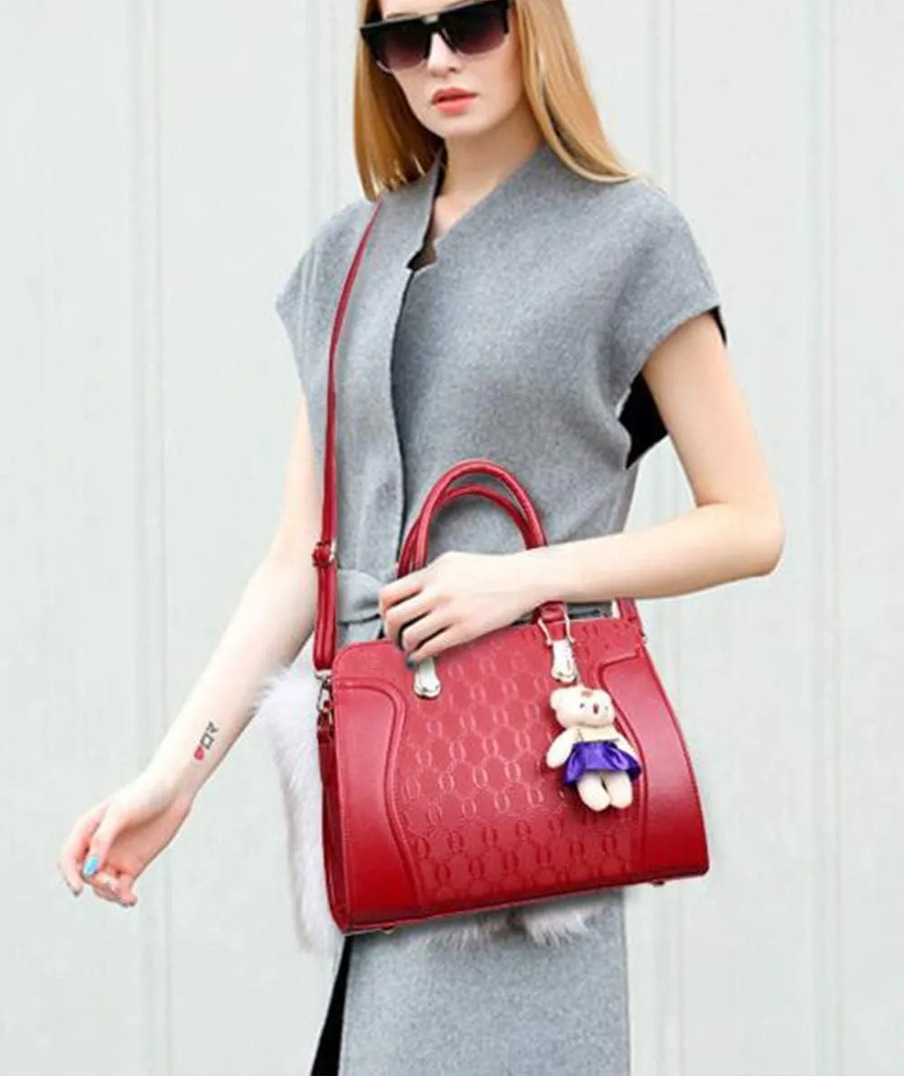 Women Tote Hobo PU Leather Clutches Shoulder Crossbody Bags Satchel Wallets Set 4pcs With Bear Ornament