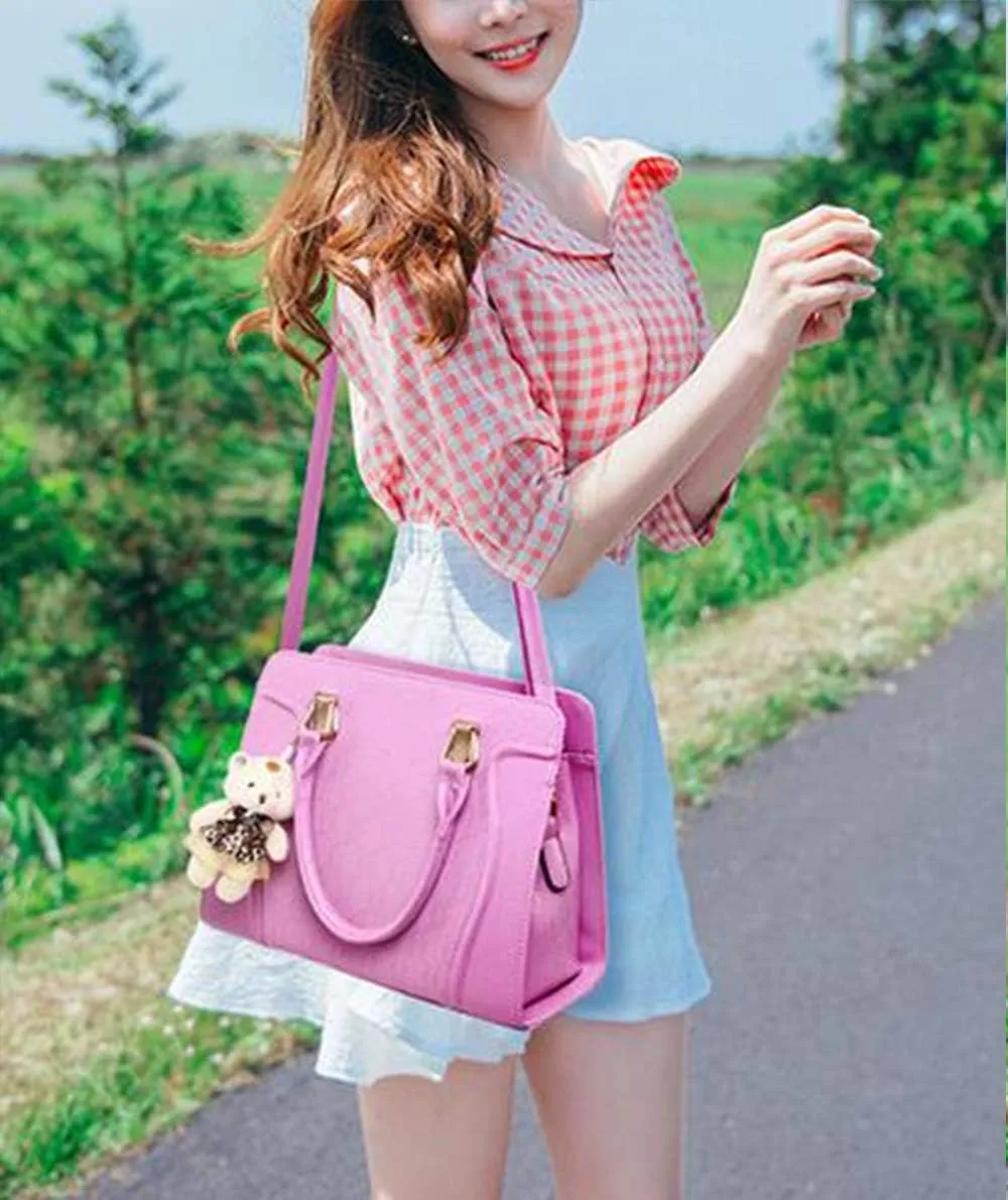 Women Tote Hobo PU Leather Clutches Shoulder Crossbody Bags Satchel Wallets Set 4pcs With Bear Ornament