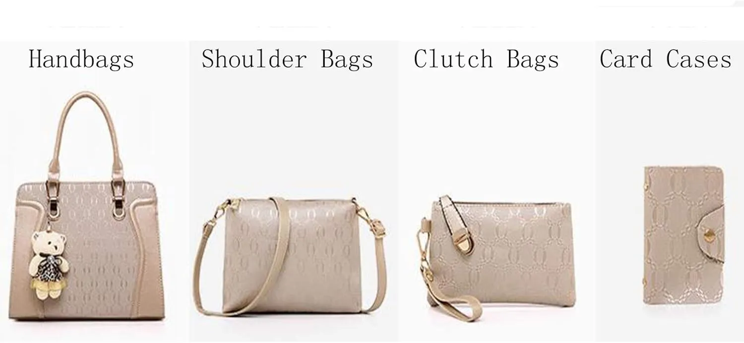Women Tote Hobo PU Leather Clutches Shoulder Crossbody Bags Satchel Wallets Set 4pcs With Bear Ornament