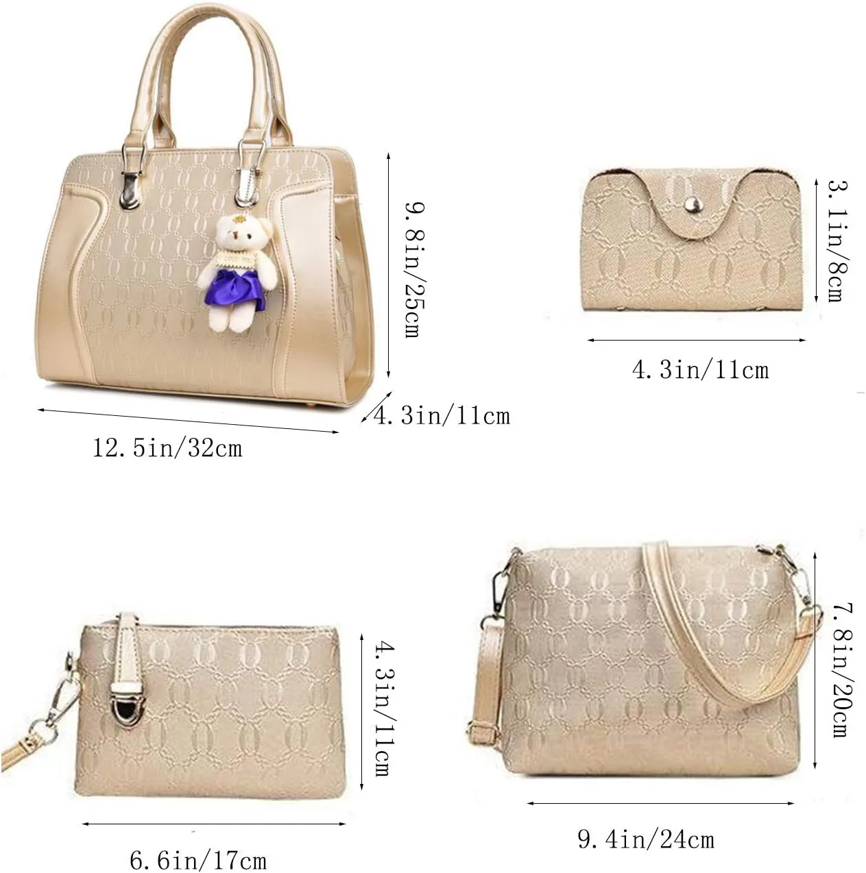 Women Tote Hobo PU Leather Clutches Shoulder Crossbody Bags Satchel Wallets Set 4pcs With Bear Ornament