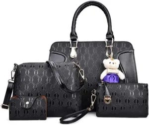 Women Tote Hobo PU Leather Clutches Shoulder Crossbody Bags Satchel Wallets Set 4pcs With Bear Ornament