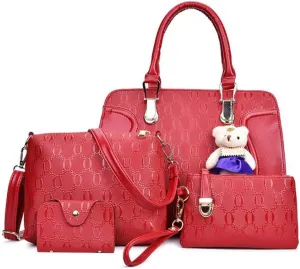 Women Tote Hobo PU Leather Clutches Shoulder Crossbody Bags Satchel Wallets Set 4pcs With Bear Ornament
