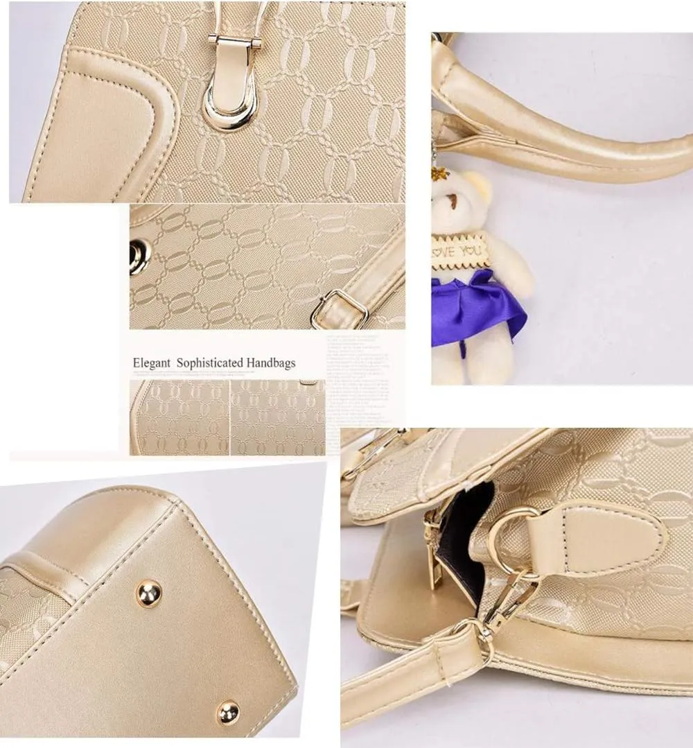 Women Tote Hobo PU Leather Clutches Shoulder Crossbody Bags Satchel Wallets Set 4pcs With Bear Ornament