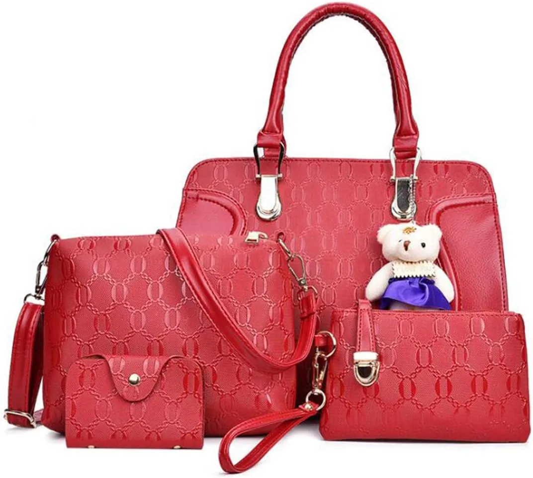Women Tote Hobo PU Leather Clutches Shoulder Crossbody Bags Satchel Wallets Set 4pcs With Bear Ornament