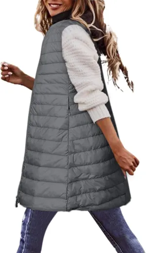 Women Warm Vest Coat Fashion Fall Winter Outerwear Zip Up Puffer Long Jacket Sleeveless Down Parkas Coats
