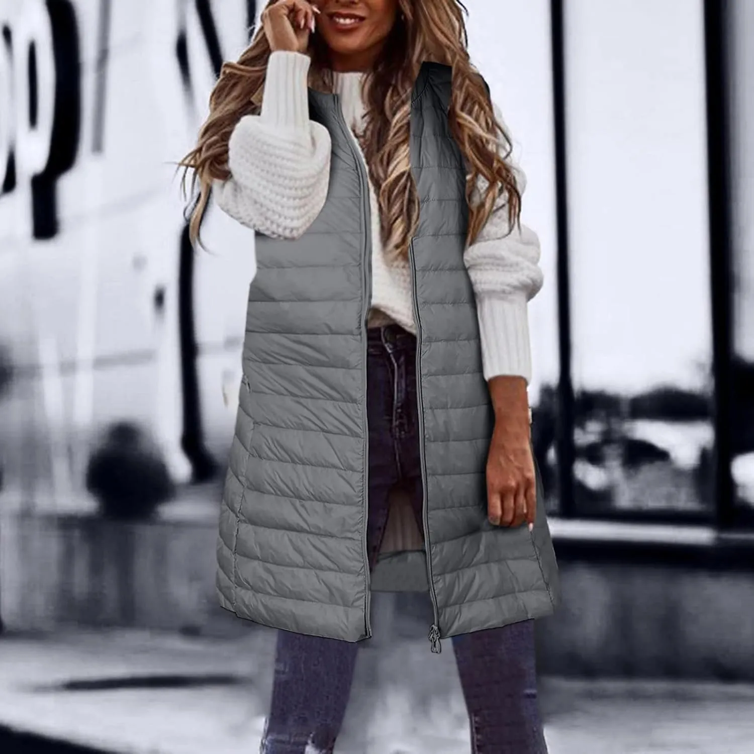 Women Warm Vest Coat Fashion Fall Winter Outerwear Zip Up Puffer Long Jacket Sleeveless Down Parkas Coats