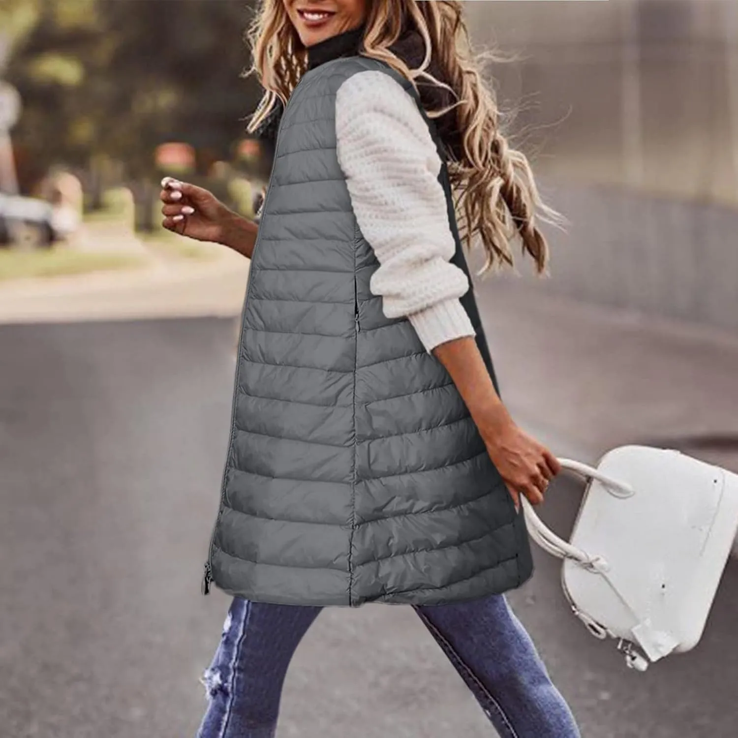 Women Warm Vest Coat Fashion Fall Winter Outerwear Zip Up Puffer Long Jacket Sleeveless Down Parkas Coats