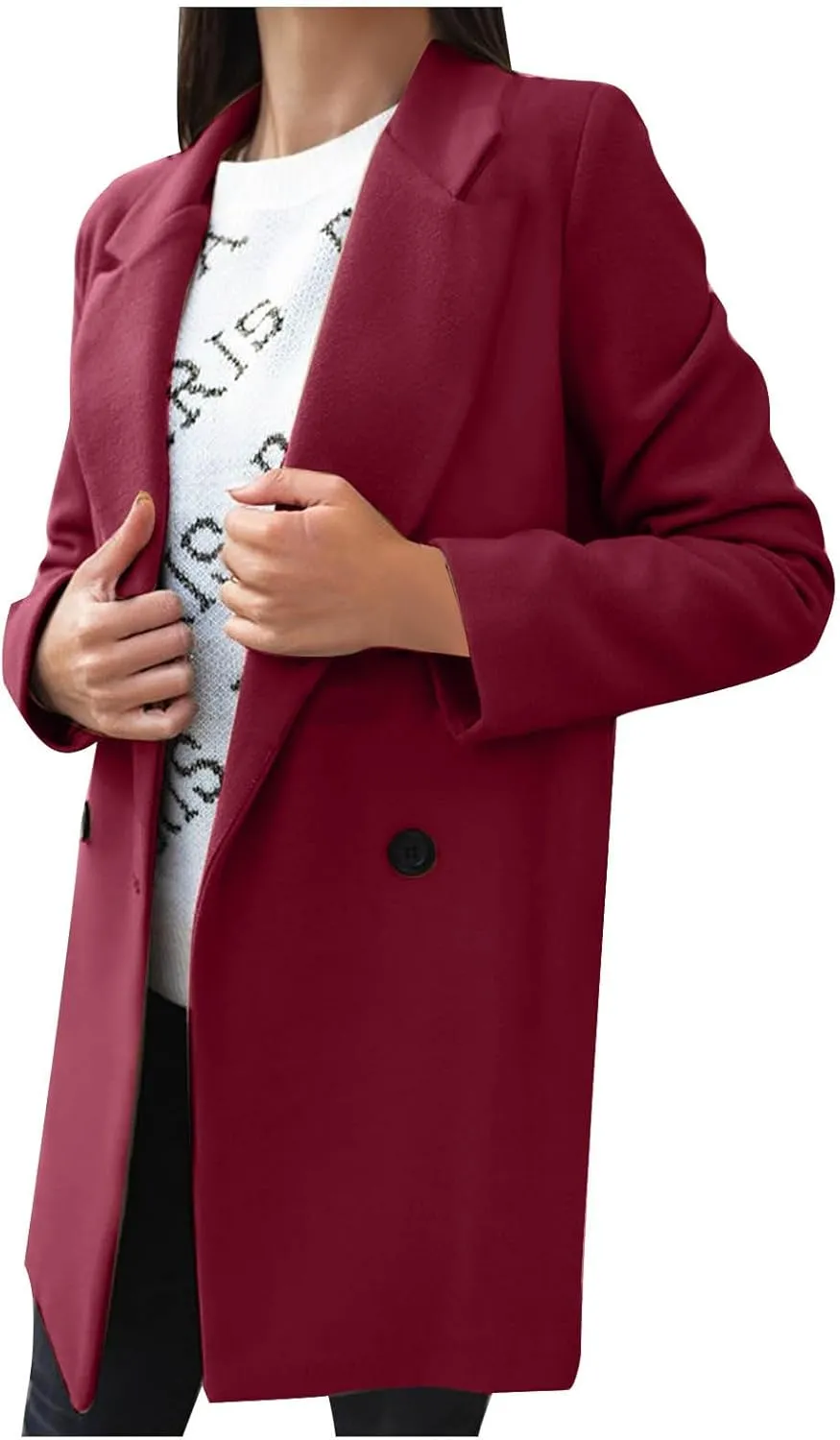 Women's 2024 Wool Blend Pea Coat Double Breasted Long Winter Coats Mid Long Pea Trench Coat Notch Lapel Over Coat