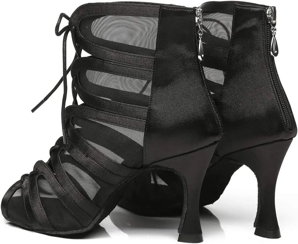 Women's Ballroom Ankle Dance Boots Lace-up Open-Toe Practice Latin Salsa Dancing Boots,Model YC-L444-Suede Sole-3.33 Heel