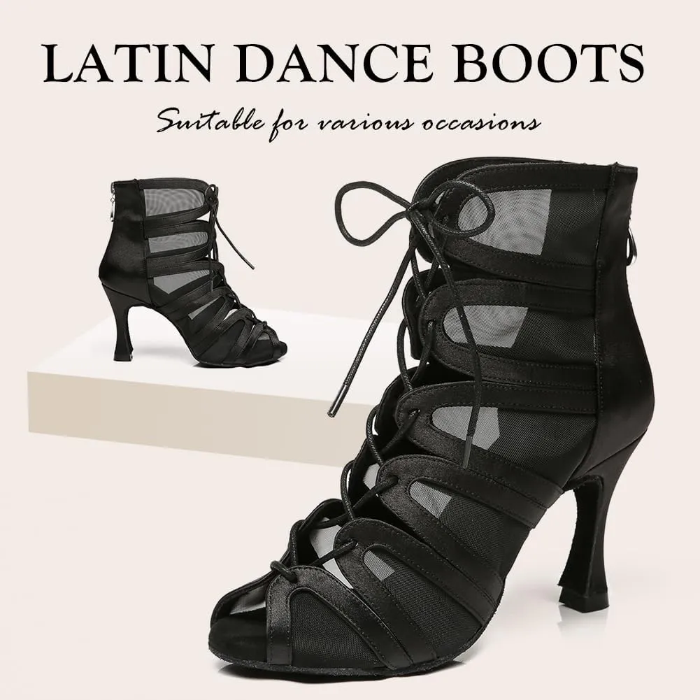 Women's Ballroom Ankle Dance Boots Lace-up Open-Toe Practice Latin Salsa Dancing Boots,Model YC-L444-Suede Sole-3.33 Heel