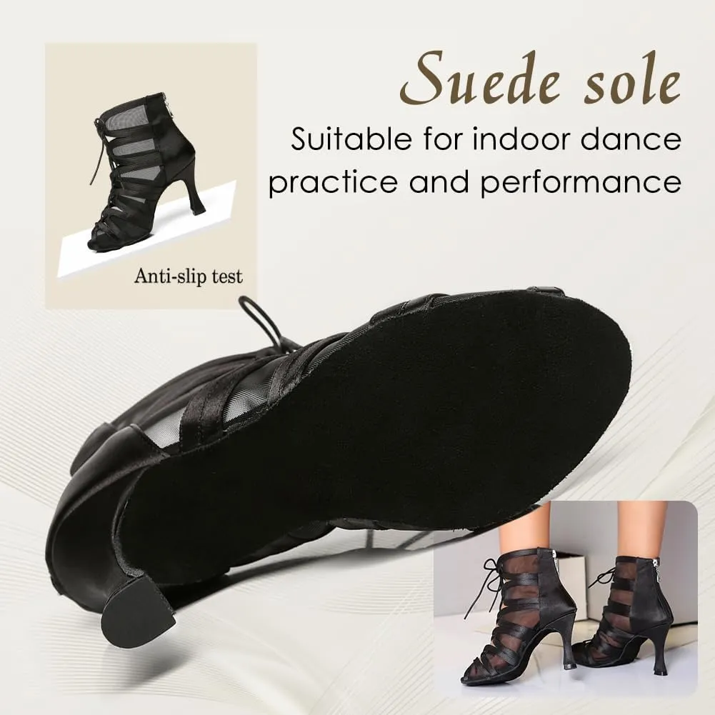 Women's Ballroom Ankle Dance Boots Lace-up Open-Toe Practice Latin Salsa Dancing Boots,Model YC-L444-Suede Sole-3.33 Heel