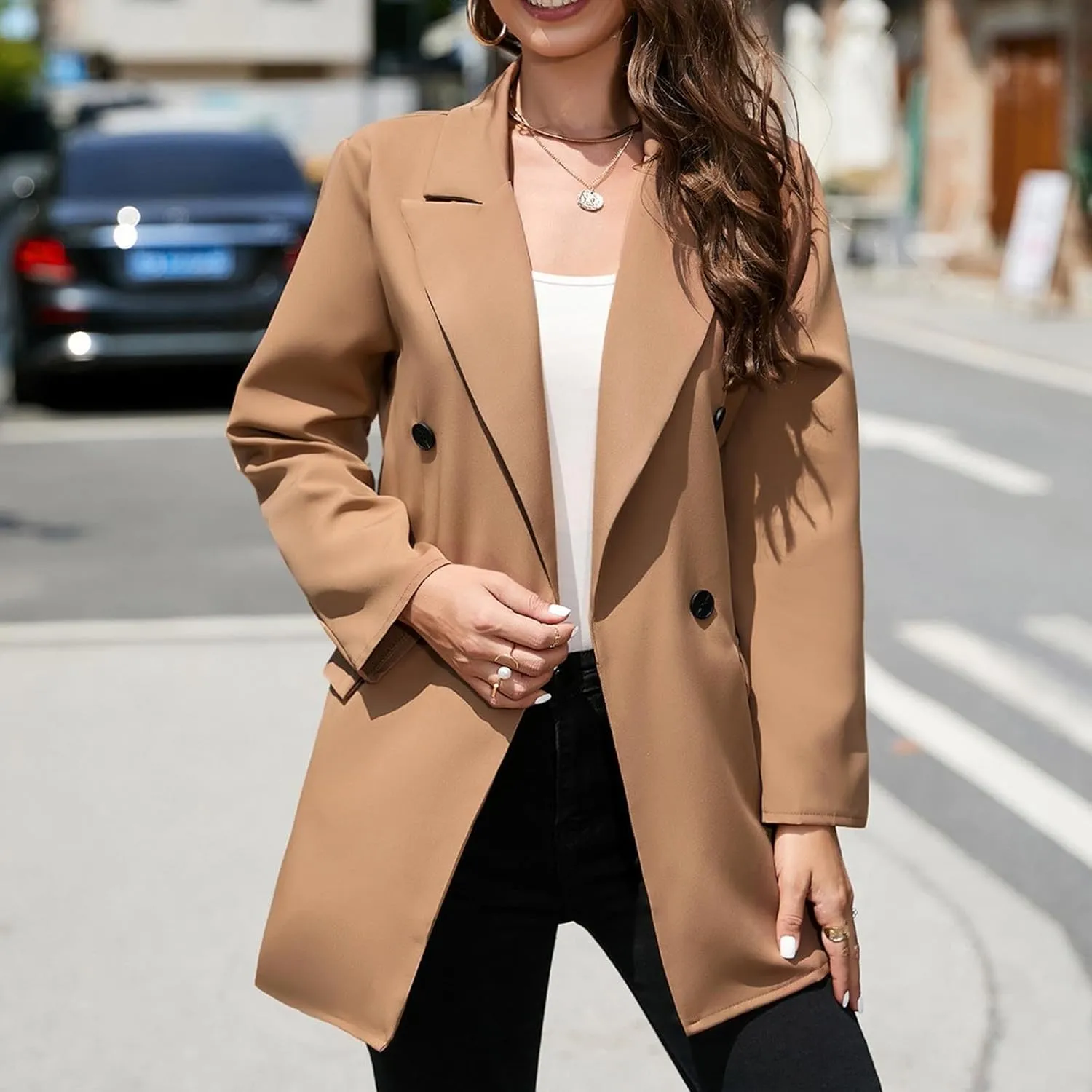 Womens Blazers Classic Lapel Long Sleeve Casual Elegant Trench Coat Work Office Dressy Suit Jacket Trendy Outerwear