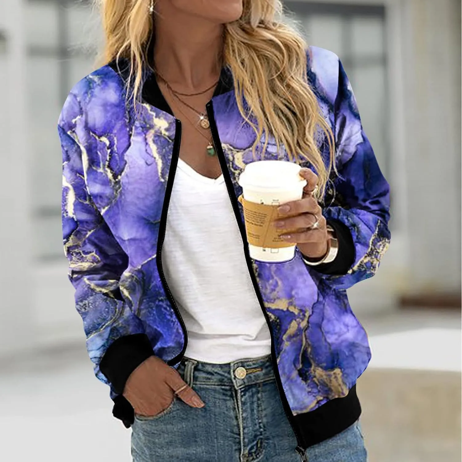 Women's Bomber Jacket 2024 Casual Coat Fall Fashion Lightweight Zip Up Long Sleeve Outerwear Windbreaker with Pocket