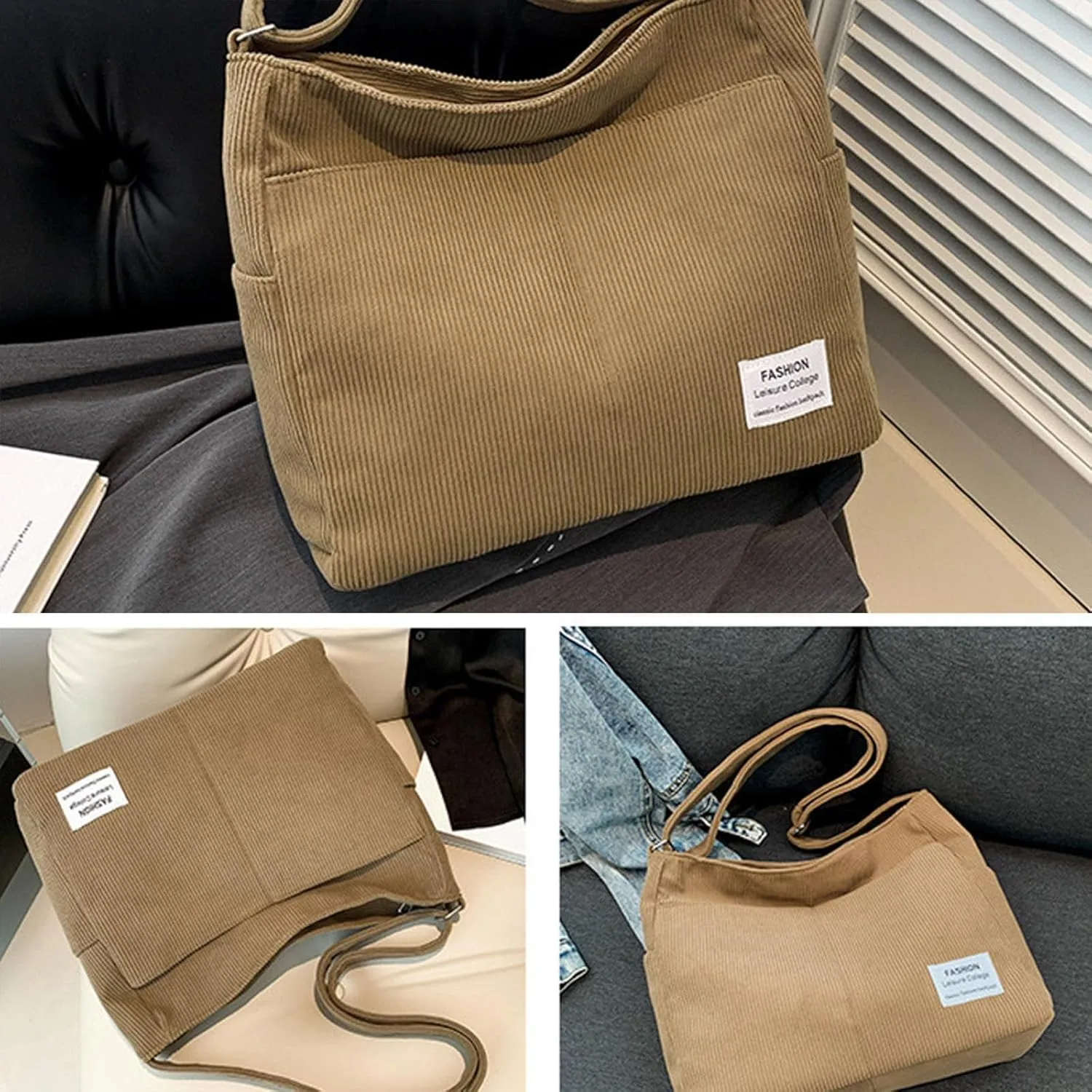 Women's Canvas Tote Bags with Zipper Beach Tote Shoulder Bags for Summer Vacation Cute Purse for Women Trendy(Khaki)