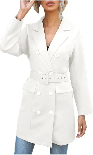 Women's Double Breasted Trench Coats Notched Lapel Belted Long Blazer Overcoat Elegant Business Casual Suit Jackets