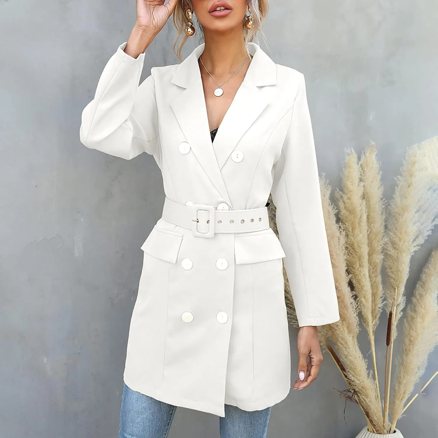Women's Double Breasted Trench Coats Notched Lapel Belted Long Blazer Overcoat Elegant Business Casual Suit Jackets