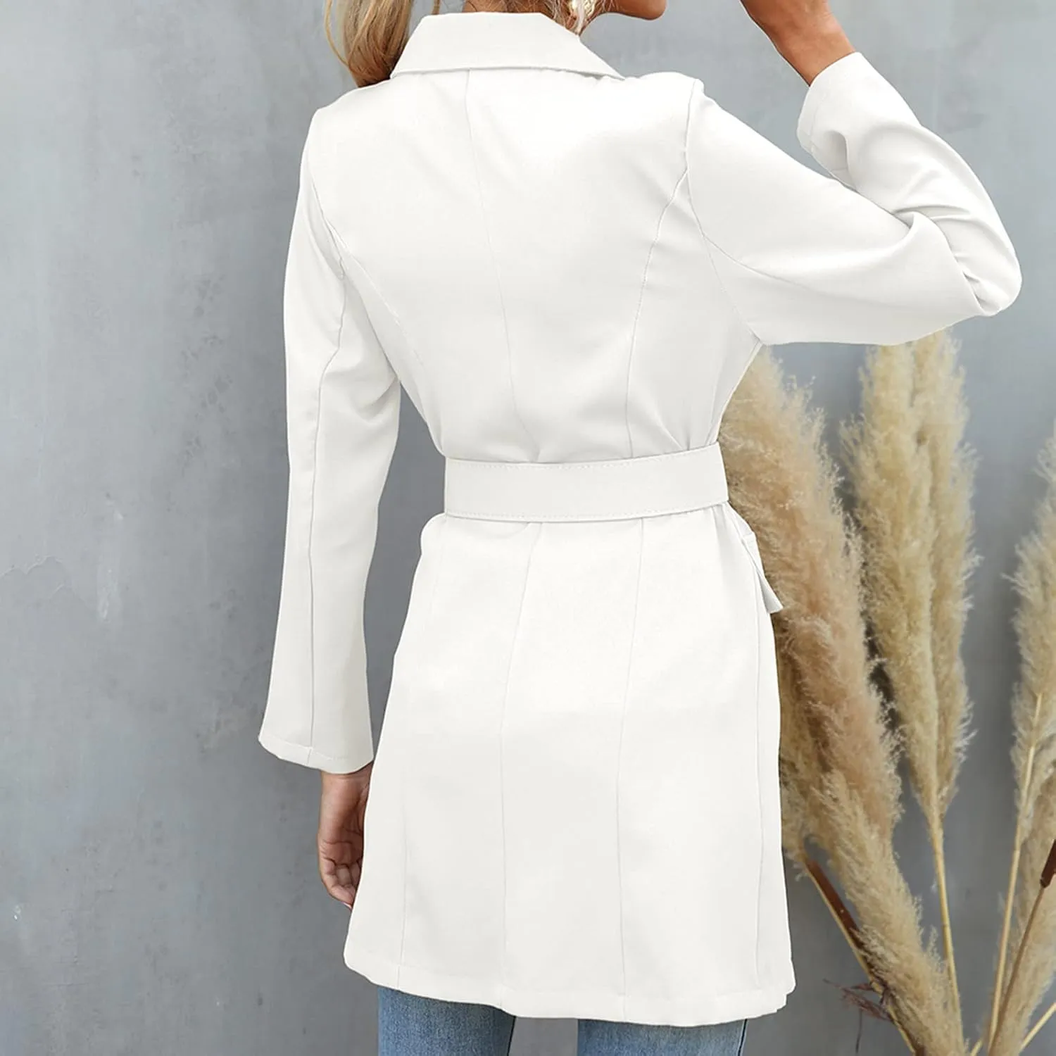 Women's Double Breasted Trench Coats Notched Lapel Belted Long Blazer Overcoat Elegant Business Casual Suit Jackets