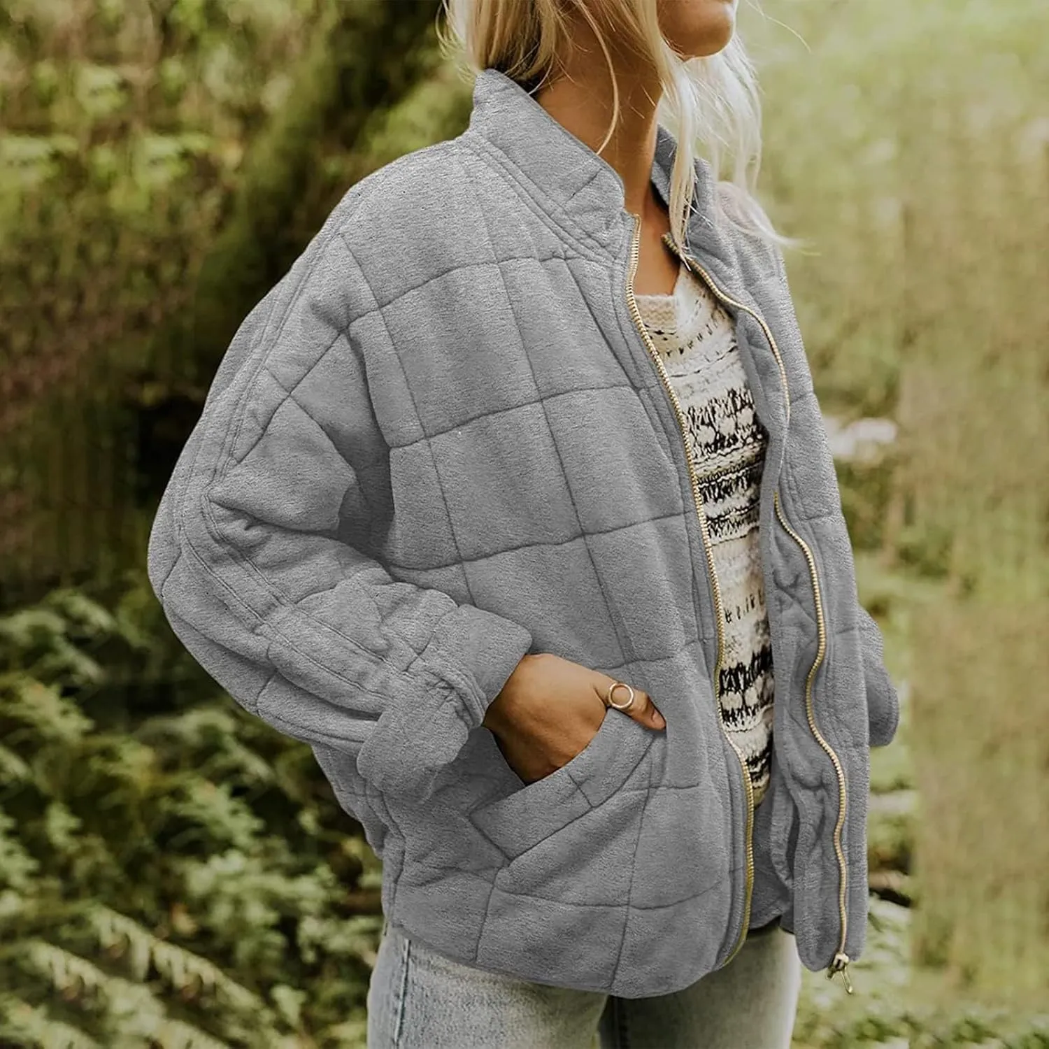 Womens Elegant Solid Zipper Jacket Long Sleeve Stand Neck Overcoat Warm Fitted Pockets Outwear Outdoor Winter Clothes