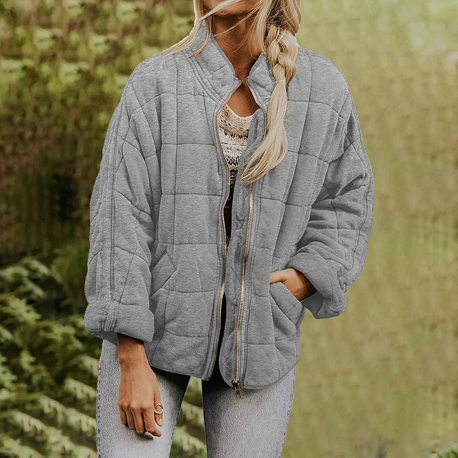 Womens Elegant Solid Zipper Jacket Long Sleeve Stand Neck Overcoat Warm Fitted Pockets Outwear Outdoor Winter Clothes