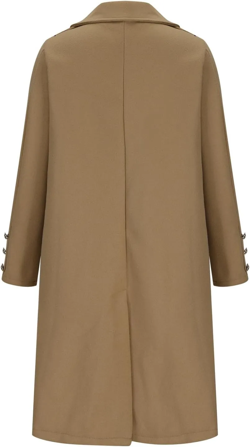 Women's Fall Winter Wool Blend Mid Long Pea Coat Notch Lapel Dressy Work Office Trench Overcoats with Pockets
