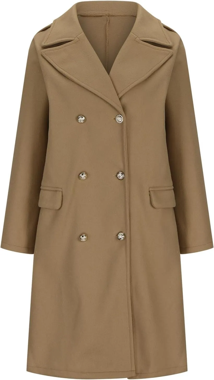 Women's Fall Winter Wool Blend Mid Long Pea Coat Notch Lapel Dressy Work Office Trench Overcoats with Pockets