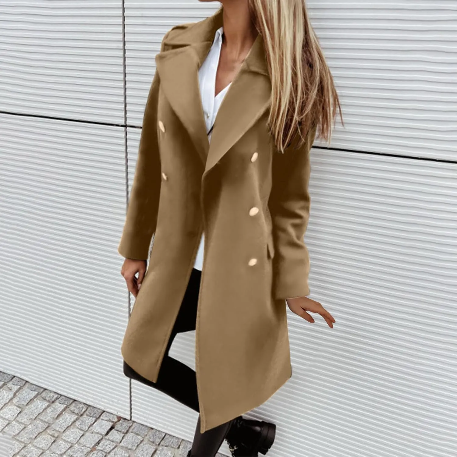 Women's Fall Winter Wool Blend Mid Long Pea Coat Notch Lapel Dressy Work Office Trench Overcoats with Pockets