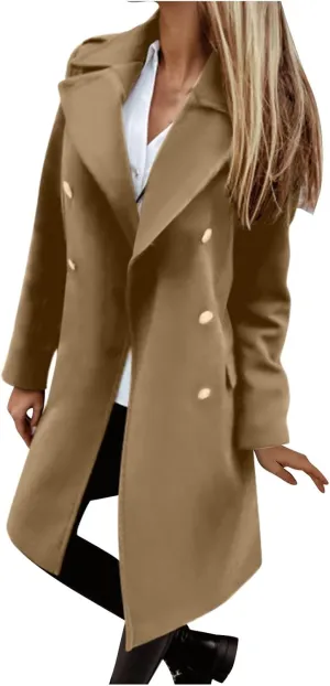 Women's Fall Winter Wool Blend Mid Long Pea Coat Notch Lapel Dressy Work Office Trench Overcoats with Pockets