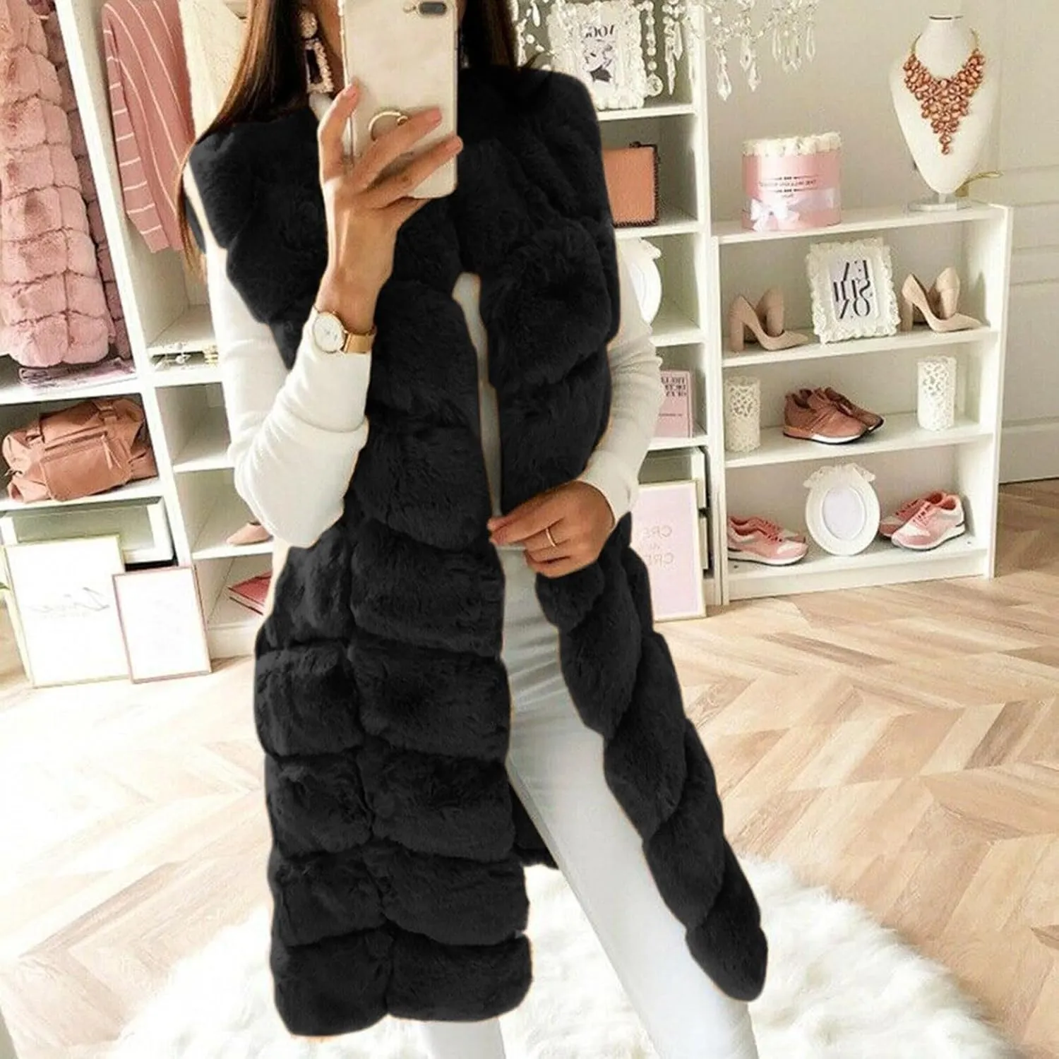 Womens Faux Fur Gilet Coats Sleeveless Waistcoat Solid Color Warmer Jacket Fluffy Coat Winter Outwear Tops