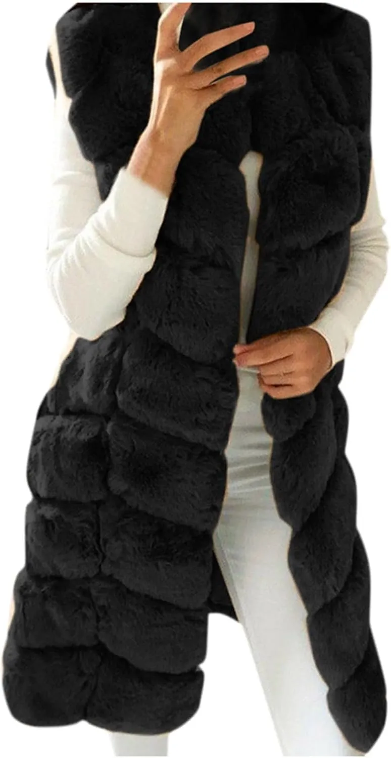 Womens Faux Fur Gilet Coats Sleeveless Waistcoat Solid Color Warmer Jacket Fluffy Coat Winter Outwear Tops