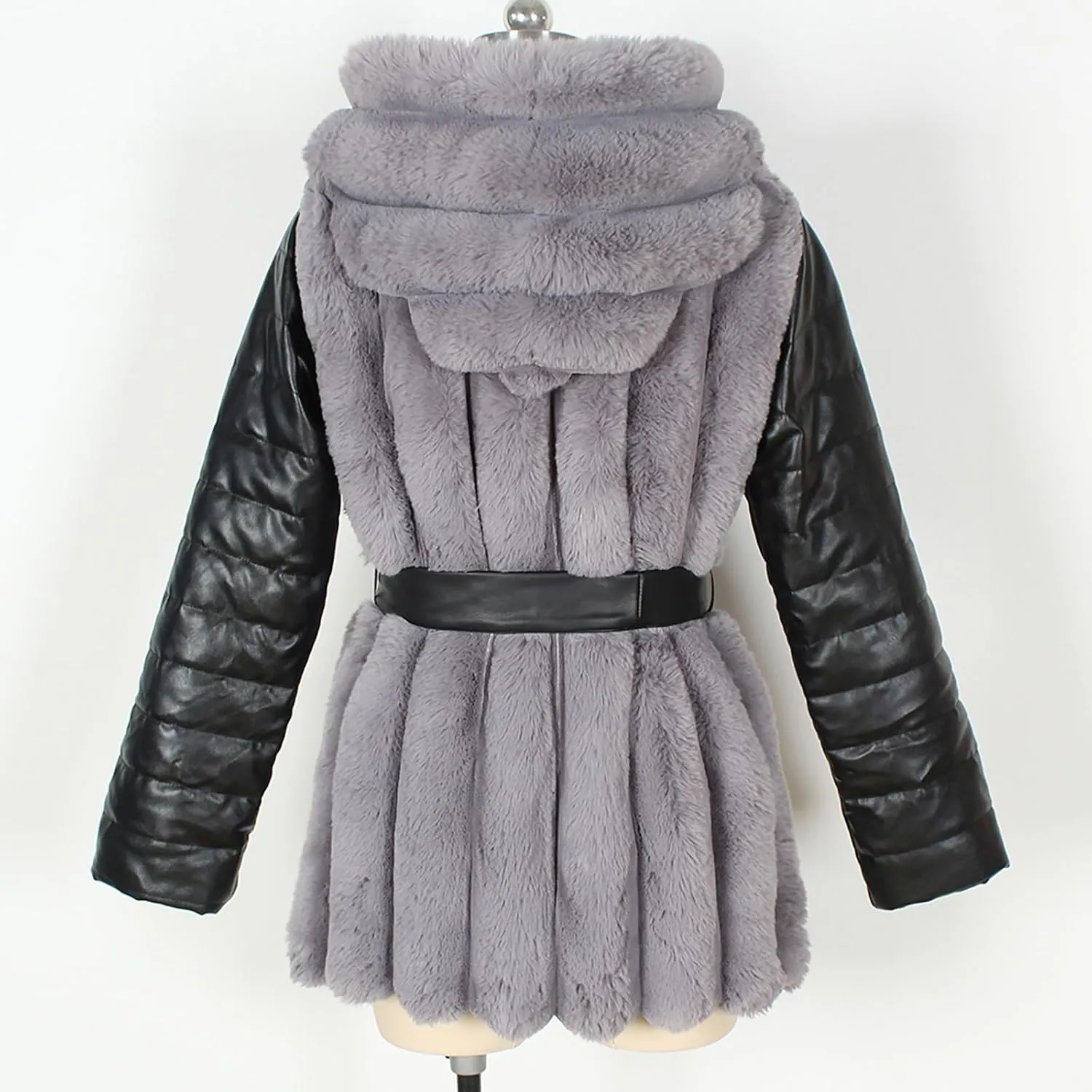 Womens Faux Leather Fleece Coats Winter Hooded Cardigan Coat Zip Up Parka with Belt Fur Jackets Plus Size