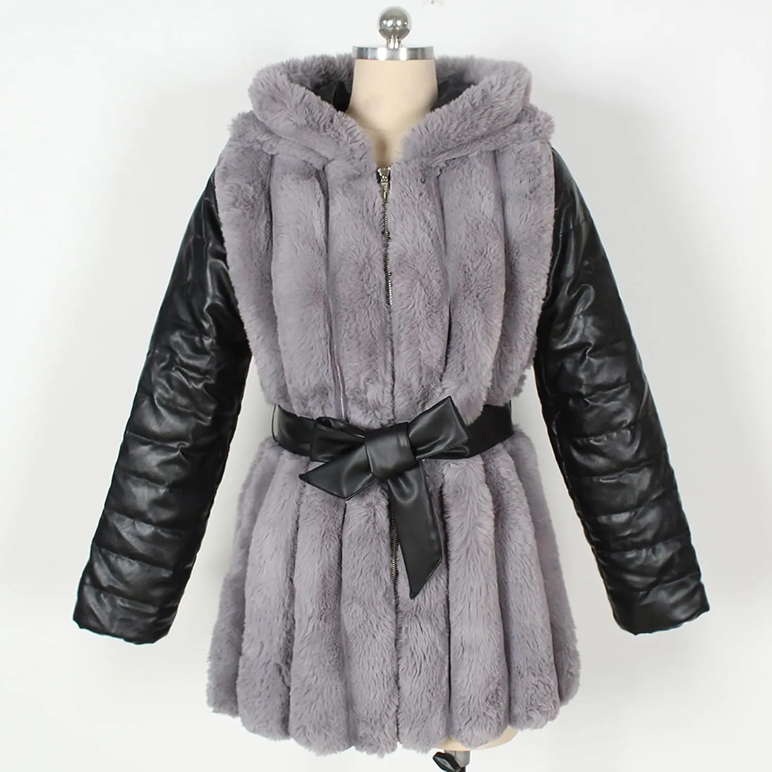 Womens Faux Leather Fleece Coats Winter Hooded Cardigan Coat Zip Up Parka with Belt Fur Jackets Plus Size