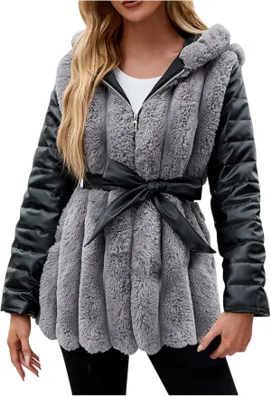 Womens Faux Leather Fleece Coats Winter Hooded Cardigan Coat Zip Up Parka with Belt Fur Jackets Plus Size