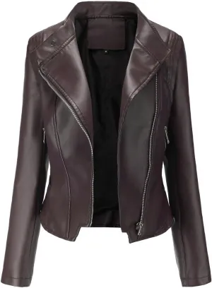 Women's Faux Leather Jackets,Zip Up Motorcycle Jacket Slim Fit Lapel Open Front Windproof Moto Biker Outwear Coats