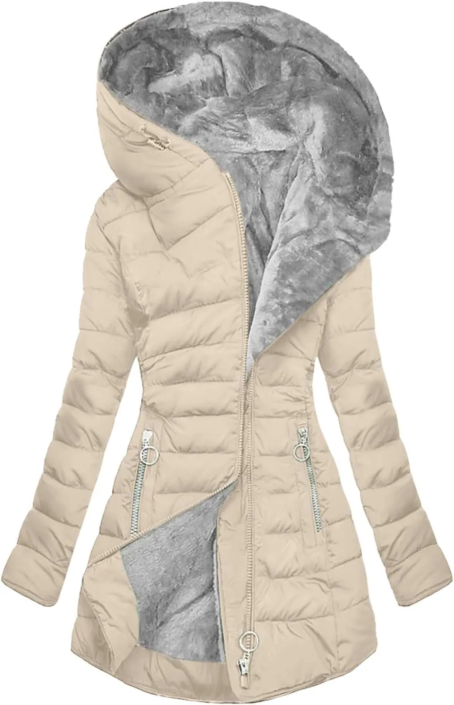 Women's Fleece Lined Puffer Coats Winter Sherpa Hooded Down Jackets Plus Size Warm Windproof Quilted Parkas Overcoat